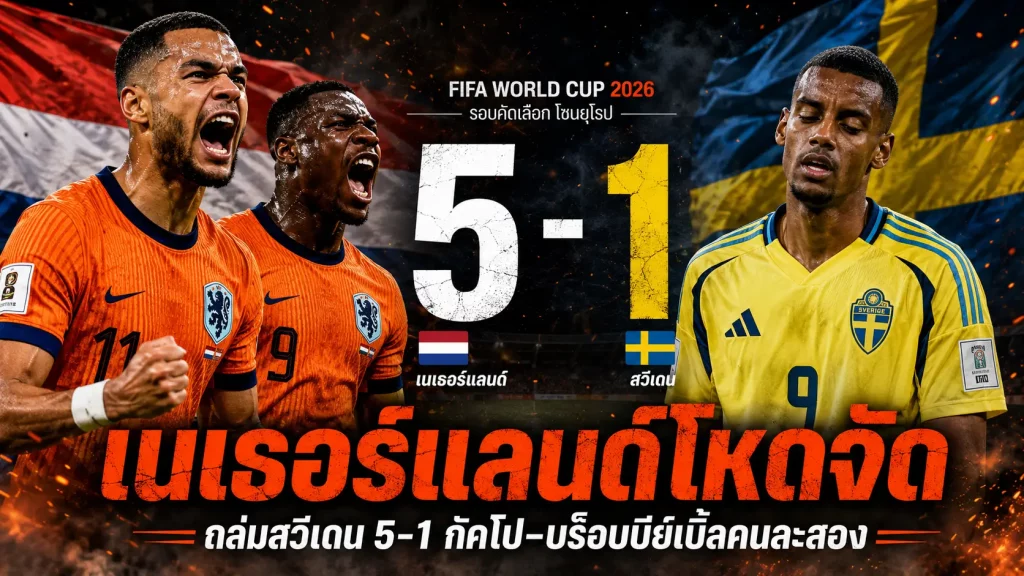 เนเธอร์แลนด์ 5-1 สวีเดน พาทีมนำจ่าฝูงบอลโลกกลุ่ม F